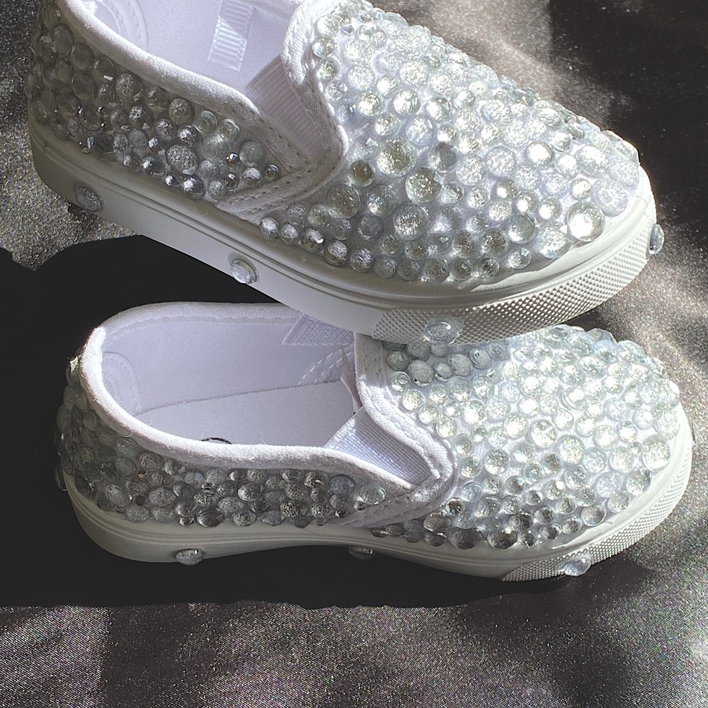 Adorable, hand-made blinged out slip-on toddler shoes. Stones customizable.